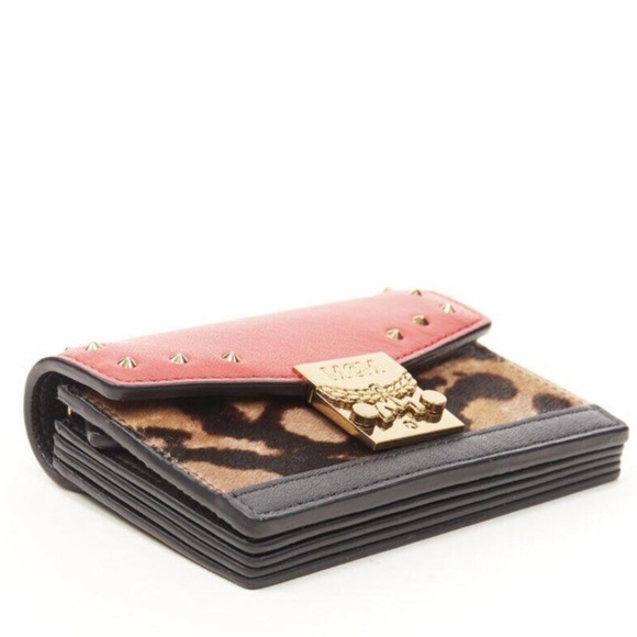 MCM red leopard gold studded flap cardholder micro crossbody chain bag - Picture 3 of 9